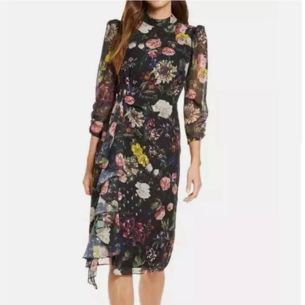 Eliza J floral ruffle high neck dress asymmetrical